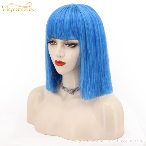 Cheap Wholesale Short Bob Wig With Bangs Mono Blue Bob Wig Heat Resistant Synthetic Straight Wave Full Head Hair Wig For Women